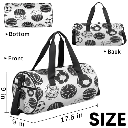 Balls Round Barrel Sports Fitness Bag, Black White Travel Luggage Bag, Reusable Handbag, Suitable For Men and Women3