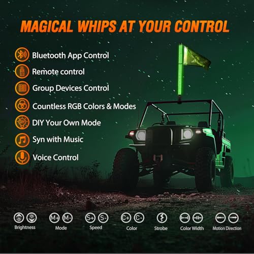 Image of Nilight LED Fat Whip Light 1PC 3FT RGB Lighted Antenna Whips with Remote & App Control DIY Chasing Patterns Brake Reverse Lights for ATV UTV Polaris RZR Can-am Dune Buggy Pickup Trucks Jeep