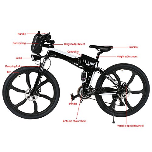 Aceshin 26\'\' Folding Electric Mountain Bike with Removable Large Capacity Lithium-Ion Battery (36V 250W), Electric Bicycle 21 Speed Gear and Three Working Modes (Black/White)