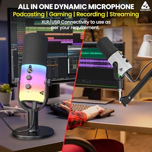 Image of Audio Array AM-C48 XLR /USB Professional Full RGB Dynamic Microphone Kit | AI Noise Cancellation | Touch & Knob Controls | Built-in Headphone Monitoring | Podcasting, Recording, Streaming, YouTube