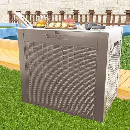 Image of 36 Gallon Outdoor Deck Box,Storage Lockable Waterproof Patio Furniture,Garden Tools,Cushions,Pool Accessories Outside Storage Resin Box(Grey Pattern)
