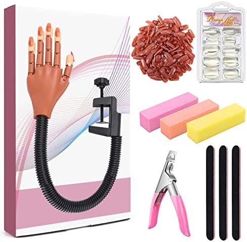 Practice Hand for Acrylic Nails, Adjustable Fake Mannequin Hands for Nails Practice, Flexible Movable Nail Tools Kits Practice Hand with Nail File, Clipper and 100pcs Coffin Nail Tips