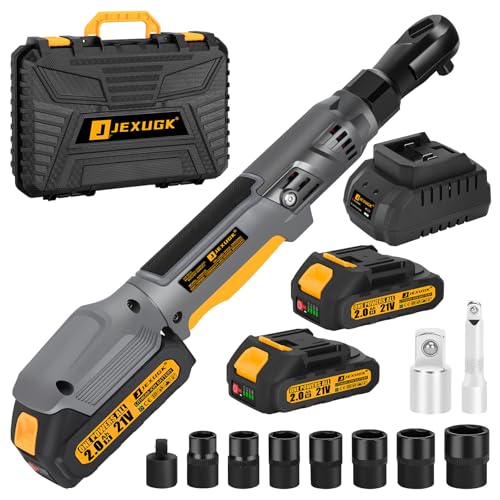 JEXUGK 120Nm Cordless Ratchet Wrench, 3/8' 89 FT-LBS Brushless Ratchet Set with 2 x 2.0A Battery, 21V Electric Matraca Electrica with Variable Speed 7Sockets,1/4' Adapter,1/2' Adapter,3' Extension Bar