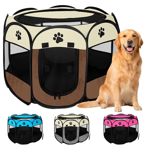 JUPPLIES Parque para Perros Plegable 114x114x58 cm – Corralito Portátil de Tela Oxford Impermeable para Mascotas Medianas - Ideal para Viajes, Juegos o Descanso en Casa y Exterior – Marrón