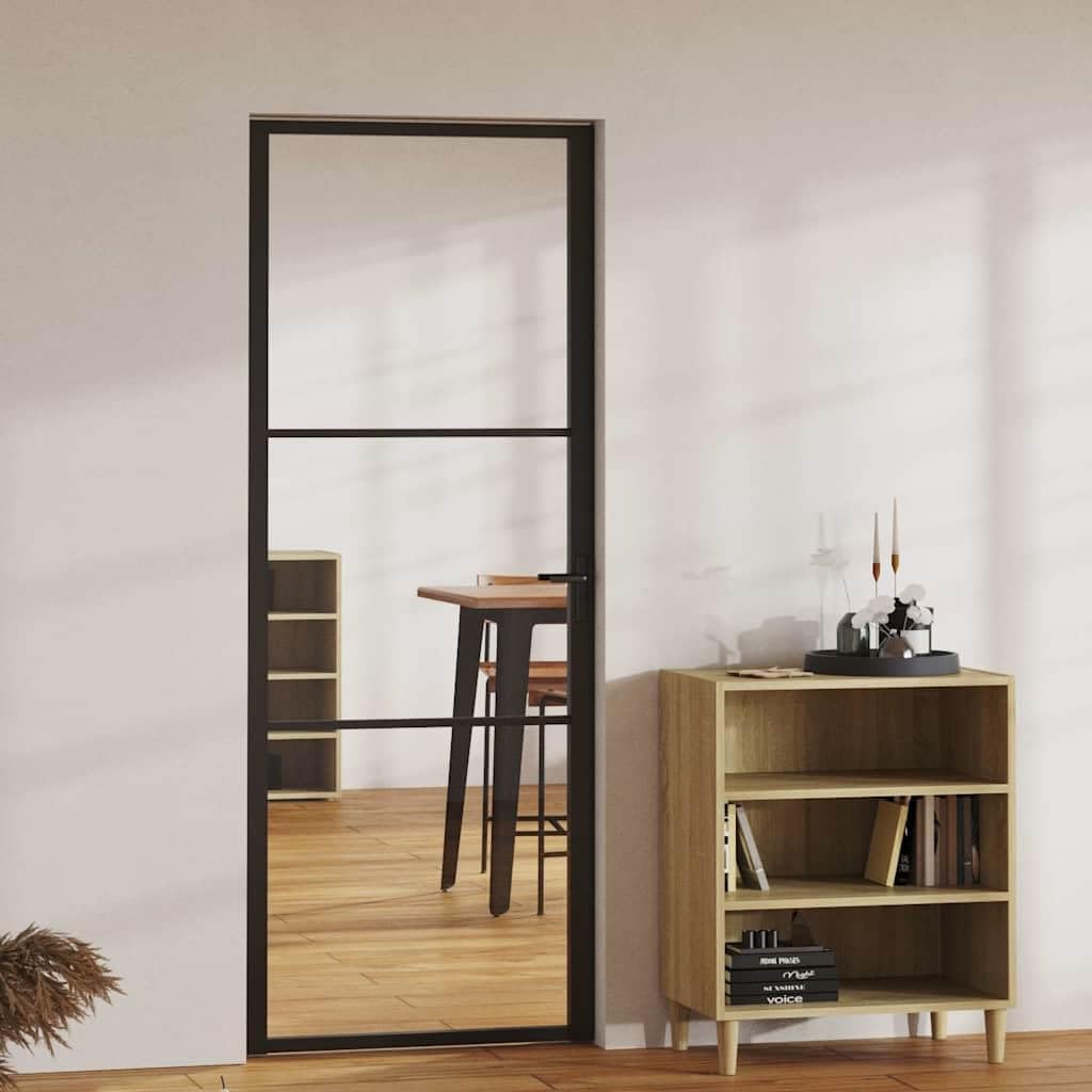Porta Interna in Vetro Porte Interne Moderne Alluminio Porta Interna in Vetro ESG e Alluminio per Bagno Cucina Studio-Nero e trasparente-76 x 201.5 cm/Tipo 2