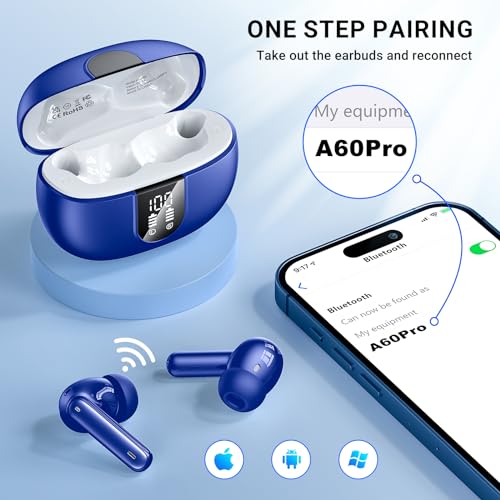 Wireless Earbuds,Wireless Earphones Bluetooth 5.3 in Ear with 4 Mic ENC Calls Noise Cancelling Wireless Headphones Mini LED Display HiFi Stereo 42H Playtime Bluetooth Earbuds IP6 Waterproof Blue - Image 4