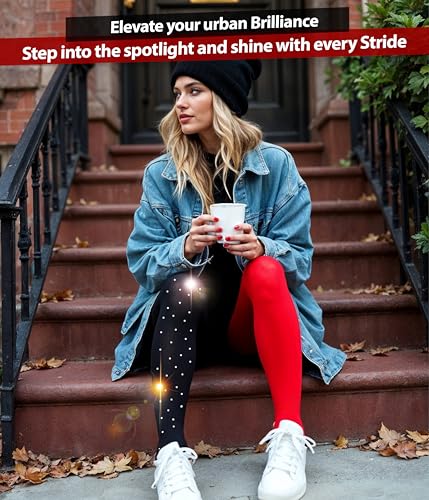 Image of Dual-Tone Semi-Opaque Tights: Black and Red High-Waisted Pantyhose with Sparkling Rhinestones Along Black Side - Size S-L, Glamorous Rhinestone Tights