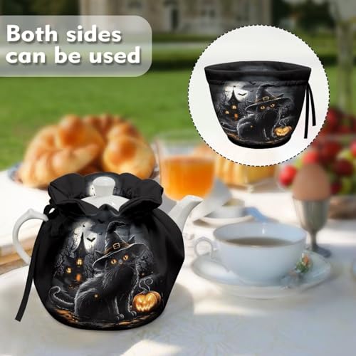 Image of Halloween Tea Cosy for Teapot Insulated Kettle Cover, Black Cat Breakfast Warmer Kitchen Teapot Dust Cover Washable Tea Cozy Tabletop Decorations for Afternoon Party Gift for Holiday