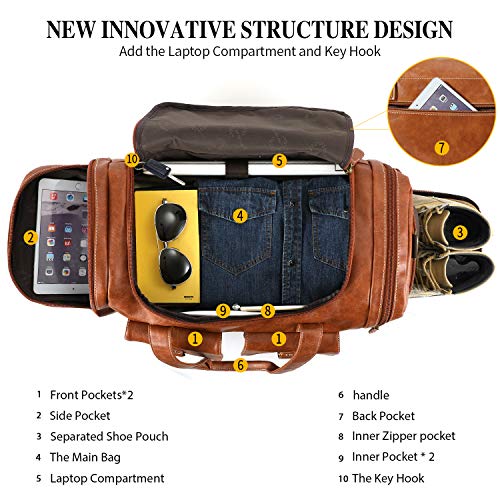 Zeroway PU Leather Travel Duffel Bag with Shoe Pouch Large Carry on Bag Waterproof Weekender Overnight Bag for Men Women Brown