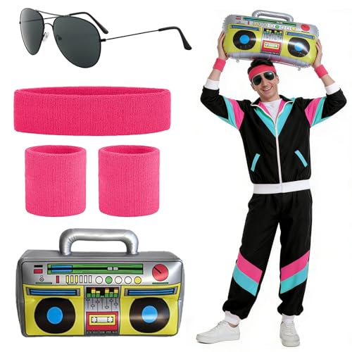 Ntwdby Disfarces anos 80 para homem, mulher, disfarce de fato de treino de 80, 80 s 90 m, retro com faixa de cabeça para óculos, disfarces retro para festa de solteiro, disco, Halloween, carnaval (L)