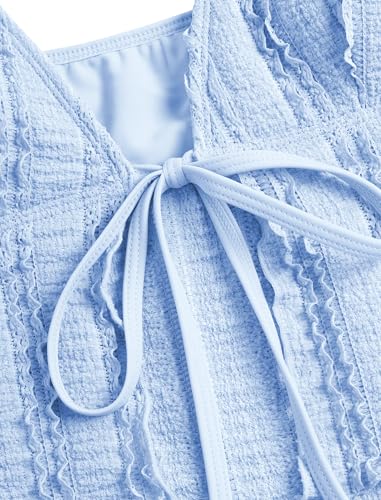 ZAFUL Tankini Swimsuits for Women Smocked Ruffles Tie Front Bowknot Textured High Cut Tanga Tankini Set3