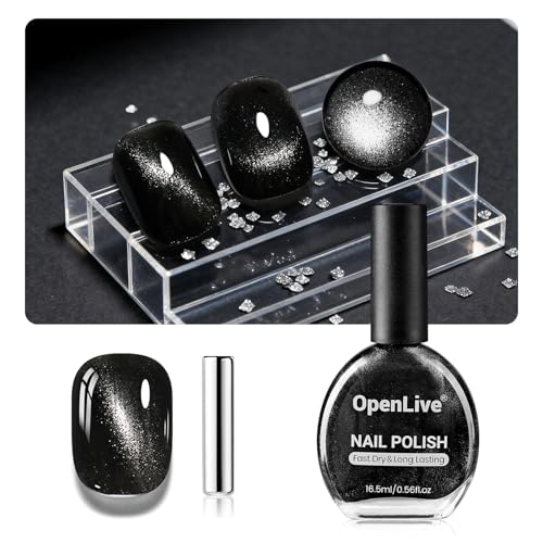 OpenLive Black Cat Eye Nail Polish, 16.5ml Glitter Reflective Quick