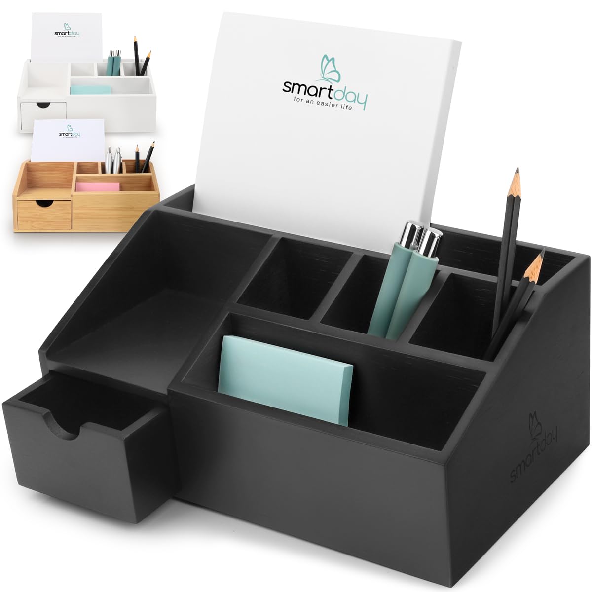 Organizzatore da scrivania in legno di bambù con cassetto nero – organizzatore per ufficio, portapenne, portapenne, organizer da scrivania