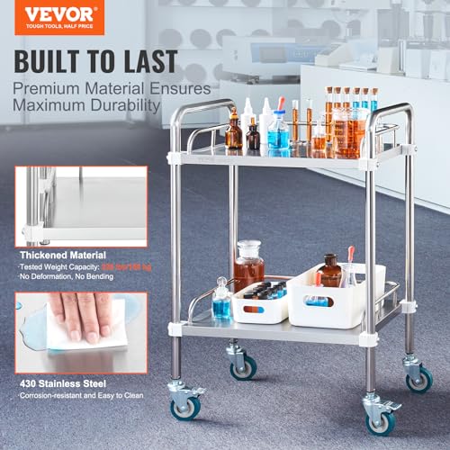 VEVOR Lab Rolling Cart, 2-Shelf Stainless Steel Rolling Cart, Lab Serving Cart with Swivel Casters, Dental Utility Cart for Clinic, Lab, Hospital, Salon, 15.16"x21.57"x34.06" - Image 3