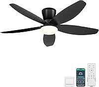 Surtime 42" Low Profile Flush Mount Ceiling Fan with Dimmable LED Lights, Remote/APP Control, Reversible DC Motor - Black for Bedroom & Patio