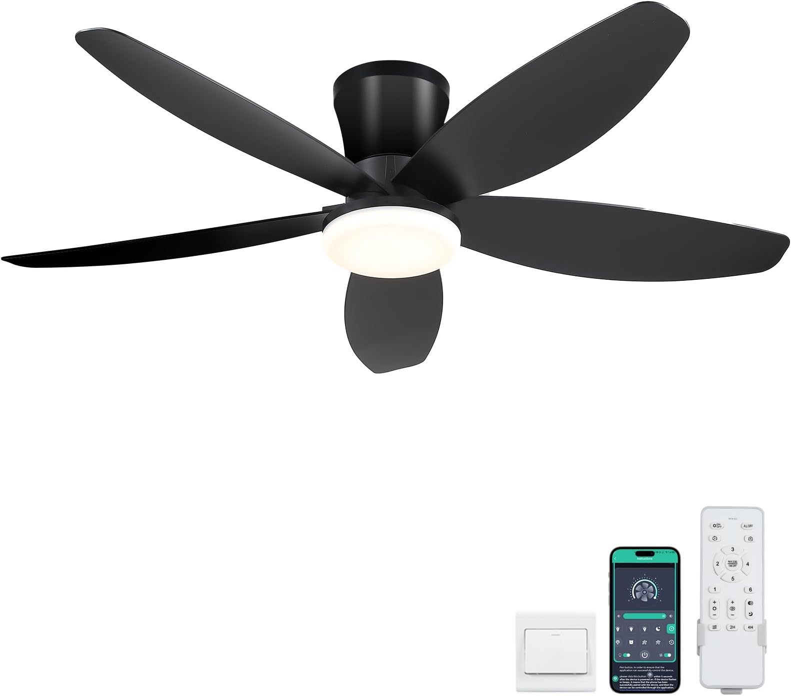 Surtime 42" Ceiling Fans with Lights-Low Profile Ceiling Fan with Light and Remote/APP Control,Flush Mount,DC Reversible,LED Dimmable Blakc Ceiling Fans for Bedroom,Indoor/Outdoor Patio Use