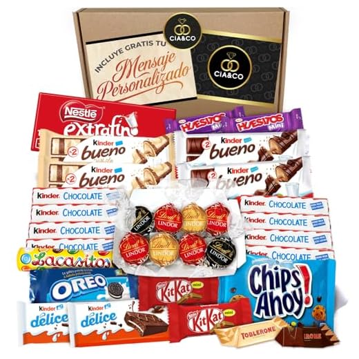 Lote envuelto para Regalo con +35 Bombones y Chocolates Kinder, Lindt, Milkibar. Con Tarjeta Dedicada Personalizada y Kinder Bueno, Toblerone, Kit Kat y Bombones Lindt Lindor