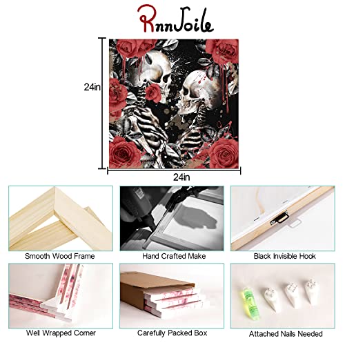 Rnnjoile Skull Canvas Wall Art Skeleton Couple With Red Rose Flower Painting Poster Romantic Gothic Pictures For Bedroom Wall Decor Framed 24"X 24" #TOP5