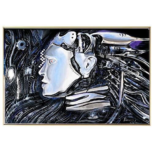 100% cotone quadro surrealista Cyber nero argento - dipinto a mano