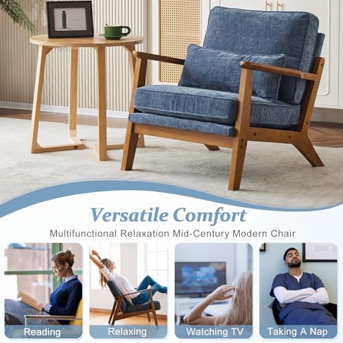 VINGLI Solid Wood Wide Armrests Accent Chair,Upholstered Mid Century Modern Chair with Pillow,Comfy Reading Chair Farmhouse Arm Chair,Chairs Living Room,Bedroom,Guest Room,Chenille Fabric,Dark Blue - Image 7