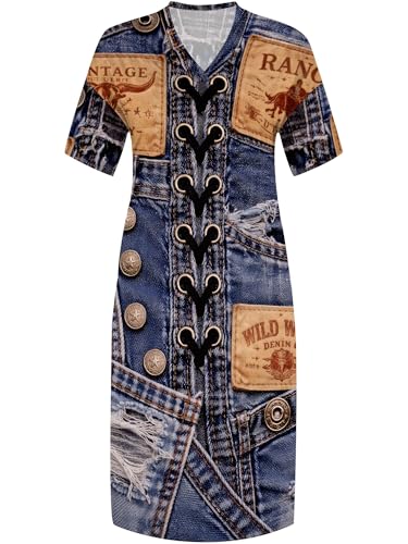 Image of SUZONANA Plus Size Denim Print Maxi Dresses for Women Casual V Neck Short Sleeve with Pockets Soft Jean Look Dress XL-6XL