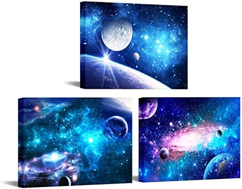 YeiLnm Outer Space Canvas Wall Art Planet Earth Picture Painting Prints Blue Astronomy Galaxy Artwork for Wall Decor Bedroom Nursery Decoration 3 Pieces Abstract Art Home Living Room Bathroom Stretched Ready to Hang