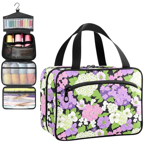 YNNALE Sewing Supply Organizer Bag, Hydrangeas Flowers Purple Black Portable Sewing Bags with Pockets&Hanger, Sewing Storage Box Case for Sew Supplies/Kit/Tools/Accessories (BAG ONLY)