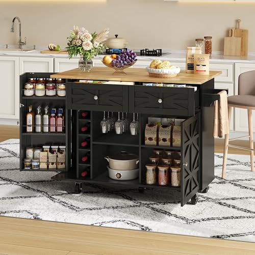 VIVCA Isla de cocina con encimera plegable, equipada con 5 ruedas con bloqueo, estante para puerta, botellero y soporte para cristal, color negro, 120 x 45 (70) x 89 cm.