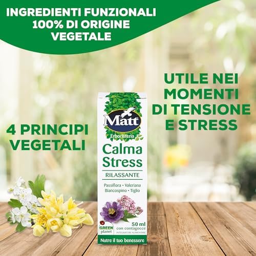 Matt, Calma Stress, Integratore Alimentare Rilassante con Passiflora, Valeriana, Biancospino e Tiglio, Favorisce il Rilassamento e il Sonno, Utile per Calmare Ansia e Stress, 50 ml