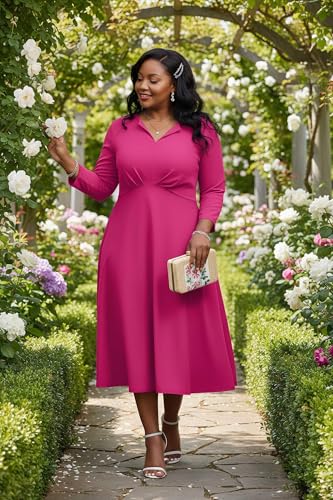 Image of Nmoder Women's Plus Size Stretchy Flared Wrap Dress Casual Wedding Guest Midi Dresses V Neck 3 /4 Sleeve A-Line Swing Dress