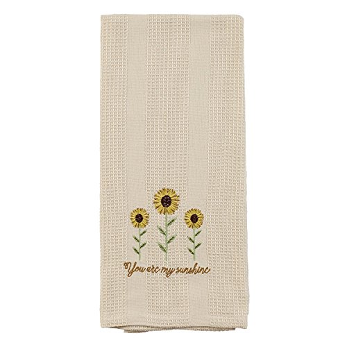 Cream You Are My Sunshine Sunflower 19 x 28 Inch Embroidered Cotton Waffle Dish Towel