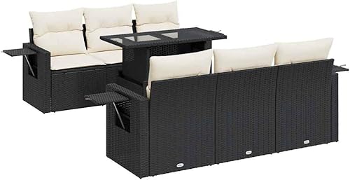 Miniatura 2 de 7 Piece Garden Sofa Set in Black and Cream White, Modular Outdoor Furniture with Weather-Resistant Poly Rattan and Hidden Storage, Comfortable