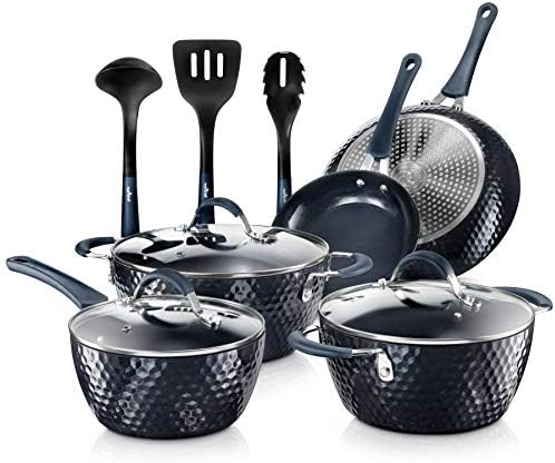Nutrichef Nonstick Cookware Excilon Home Kitchen Ware Pots & Pan Set with Saucepan Frying Pans, Cooking Pots, Lids, Utensil PTFE/PFOA/PFOS free, 11 Pc, Blue Diamond