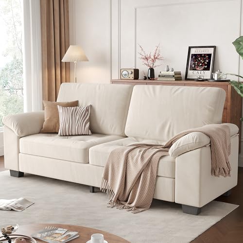 GarveeHome 90" 3 Seater Sofa Counch Velvet Upholstered Oversized Loveseat with Soft Spacious Armrests, Comfy Button Tufted Couch for Living Room, Bedroom, Apartment, Beige