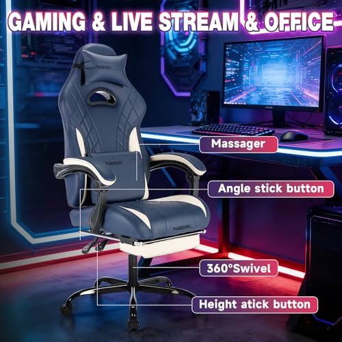 Image of Gaming Chair with Footrest and Massage Lumbar Support, Ergonomic Computer Gamer Chair, Office Video Game Chairs (Blue)