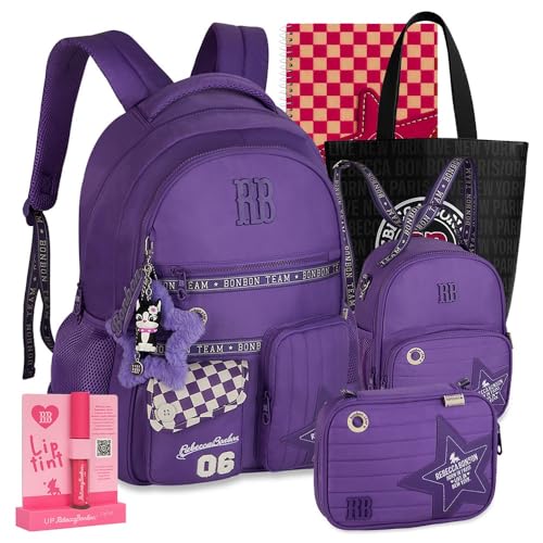 Kit Mochila RB Rebecca Bonbon Escolar Lancheira Estojo Escolar Meninas Resistente Infantil Juvenil (Roxo)