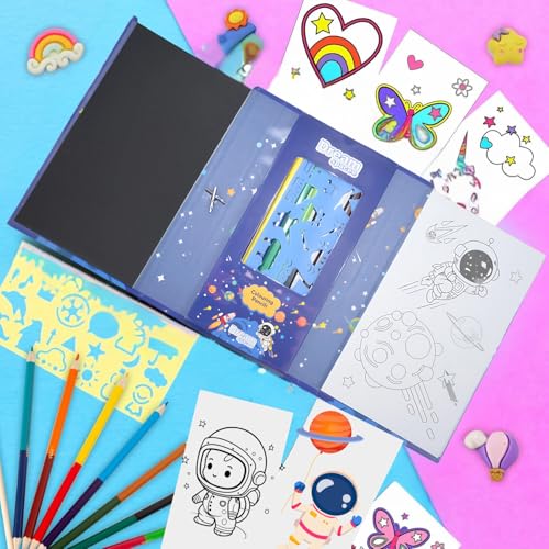 Image of Crackles Coloring Pads Kit for kids, Coloring Book with 30 Coloring Pages /10 Rainbow Scratch Papers /8 Colored Pencils /1 Pencil and 1 Stylus for Drawing Painting for Kids Pack Of 2 (Multicolr Print)