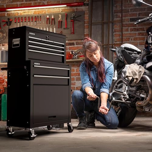 Arebos Werkstattwagen 9 Fächer/zentral abschließbar/Anti-Rutschbeschichtung/Räder mit Festellbremse/Massives Metall/rot oder schwarz (Schwarz) - 2