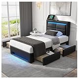 Polsterbett 90x190 cm Jugendbett mit LED Beleuchtung und Vier Schubladen,mit USB Anschluss unterstützt kabelloses und kabelgebundenes Laden, ohne Matratze, PU, Schwarz