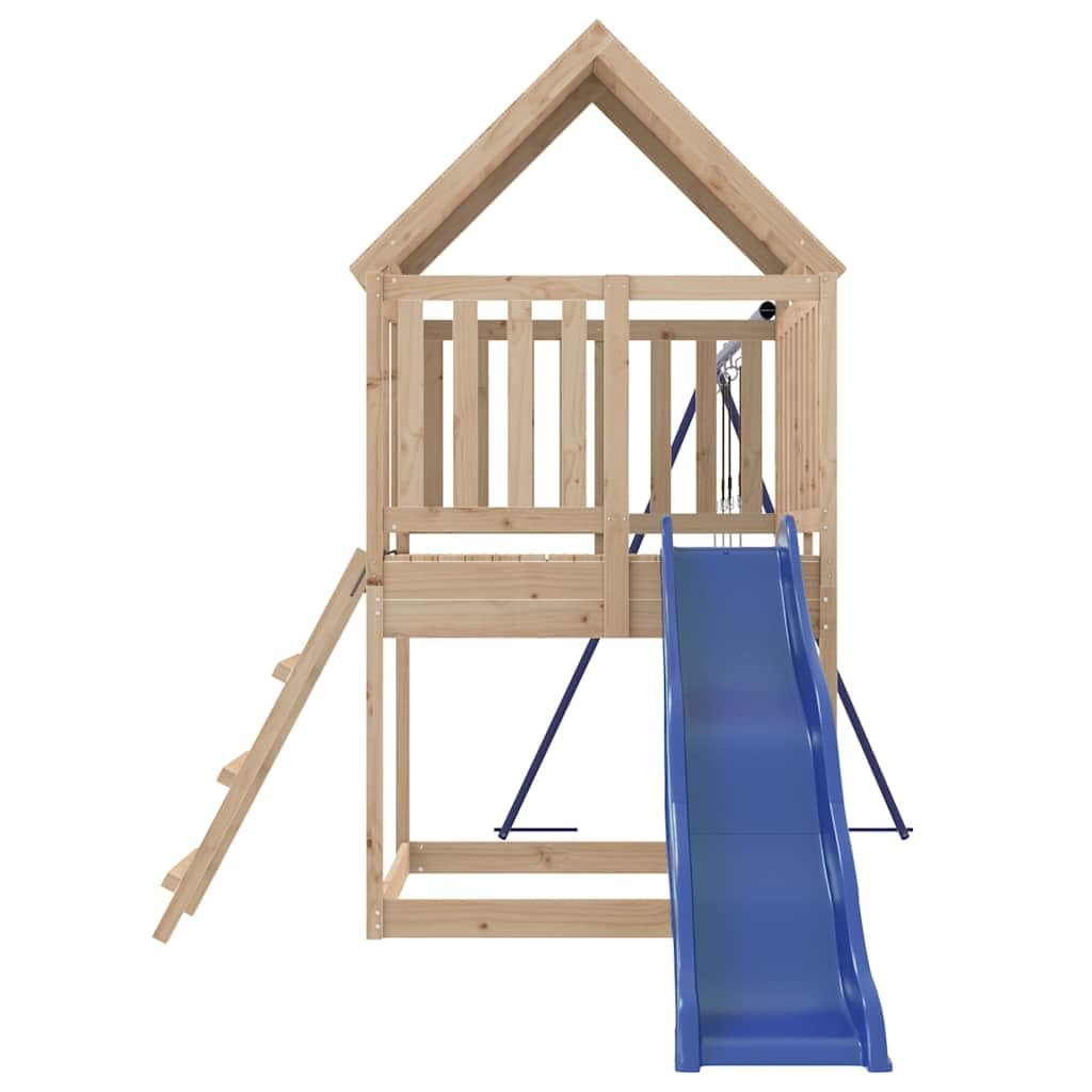Spielturm Massivholz Kiefer mit Wellenrutsche und Doppelschaukel Set, Gartenspielzeug für Kinder 3-8 Jahre, Outdoor Spielhaus mit Klettergerüst, Sandkasten, Leiter und Sicherheitsgeländer