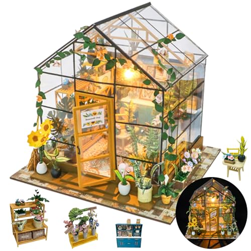 DIY Miniature Dollhouse Kit,Book Nook Greenhouse Kits with Furniture and LED,Wooden Dollhouse Kit,Best Birthday Valentine's Day for Family & Friends