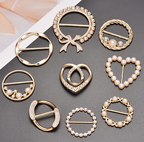 Image of 9Pcs Scarf Clips T-shirt Tie Ring Buckle Heart Circle Shaped CZ Pearl Bow Tie Rhinestone Twist Knotted Clothes Corner Button Waist Cincher Clasp for Women Men