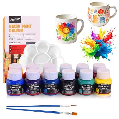 Trukafie Set de Pintura para Cerámica, 12 x 25ml de Pintura para Porcelana Apto para Lavavajillas Set de Pintura para Cerámica con 1 Paleta de Pintura y 2 Pinceles Finos para Vidrio, Tazas, Barro y