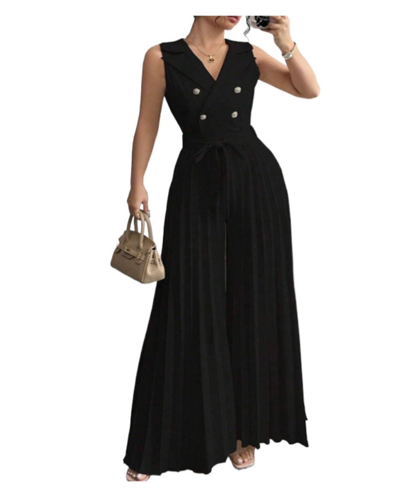 Salopette Donna Estiva Tute da Lavoro a Gamba Larga Donna, Tute Senza Maniche, Pantaloni(Black,L)