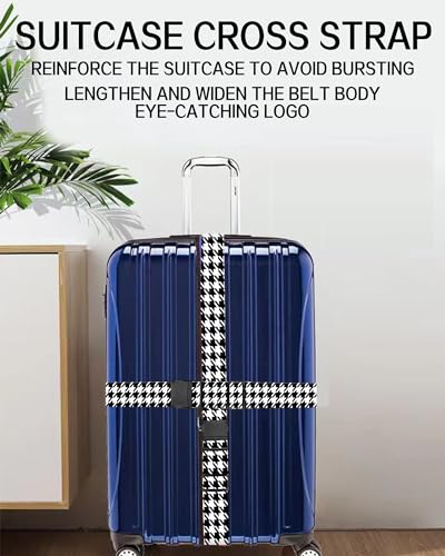 Image of Luggage Straps for Suitcases, Adjustable Travel Belt, Durable Wide Luggage Strap, Cute Suitcase Strap Identifiers with Buckle, Bag Straps for Luggage, Black White Houndstooth