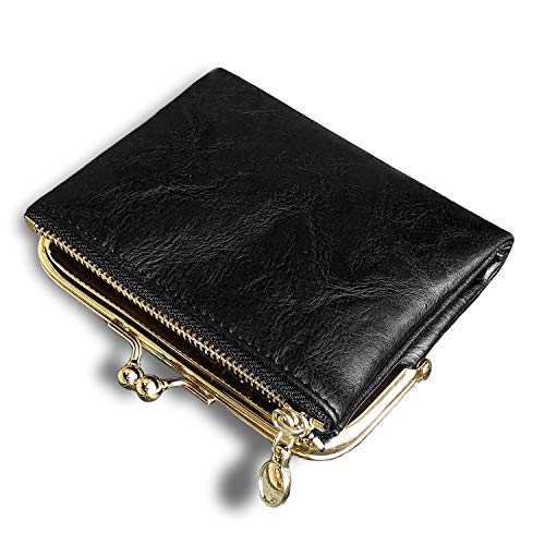 Image of AOXONEL Womens Wallet Small Rfid Ladies Compact Bifold Leather Vintage Coin Purse With Zipper and Kiss Lock, Black, Small, Vintage