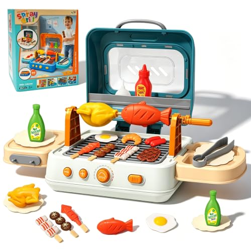 Grill Spielzeugset Kindergrill Outdoor mit Rauchgeräuschen & Licht Spielzeug-Lebensmittel & Küchenzubehör interaktives Grill Camping-Koch Grillspielset für Kinder im Alter von 3 bis 8 Jahren (Green)