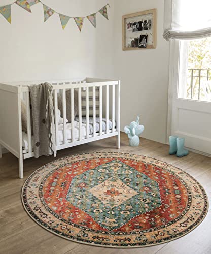 Lahome Boho Tribal Round Rug - 4Ft Soft Bedroom Round Area Rug Entryway Foyer Throw Mat Washable Non-Shedding Non-Slip Sofa Carpet For Nursery Living Dining Room,Rust/Dull Teal thumb #6