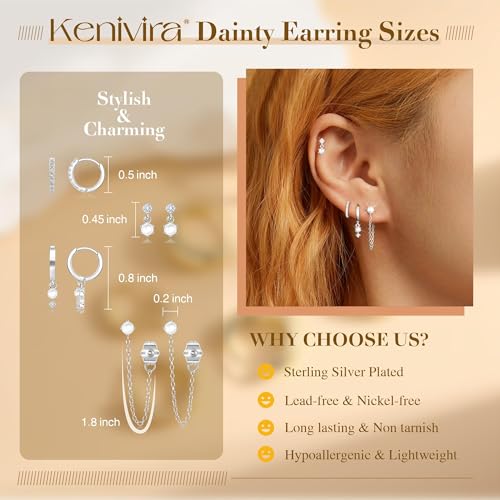 Kenivira Sterling Silver Plated Earrings Set for Women Trendy,Pearl Stud Huggie Dangle Chain Earring Stacks Hypoallergenic, Cute Small CZ Hoop Earring Sets for Multiple Piercing - image 4