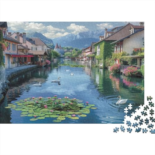 Maisons de Canal avec des cygnes et des lys d'eau 1000 Piece Puzzles Adults and Children Cadeau pour La Famille Loisir Créatif Tableau Décoratif Jeu...
